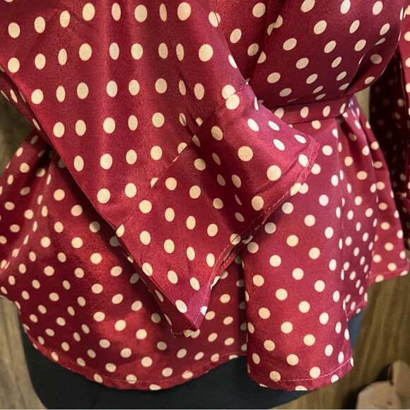 Skies Are Blue brick red and tan polka dot tie waist short length blouse size SP - Picture 14 of 14